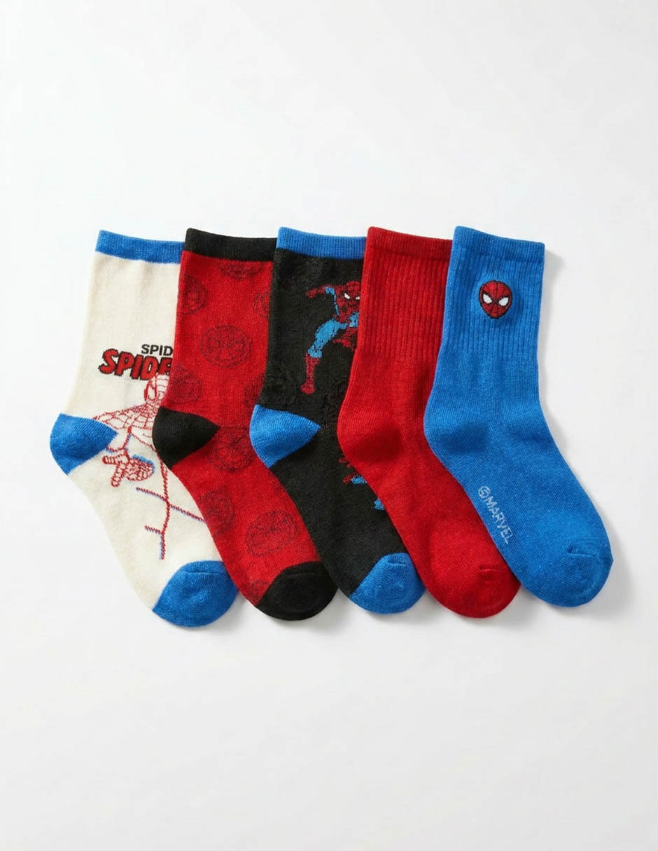 Set de calceta spider-man de algodón para niño 5 pares Set de calceta spider-man de algodón para niño 5 pares